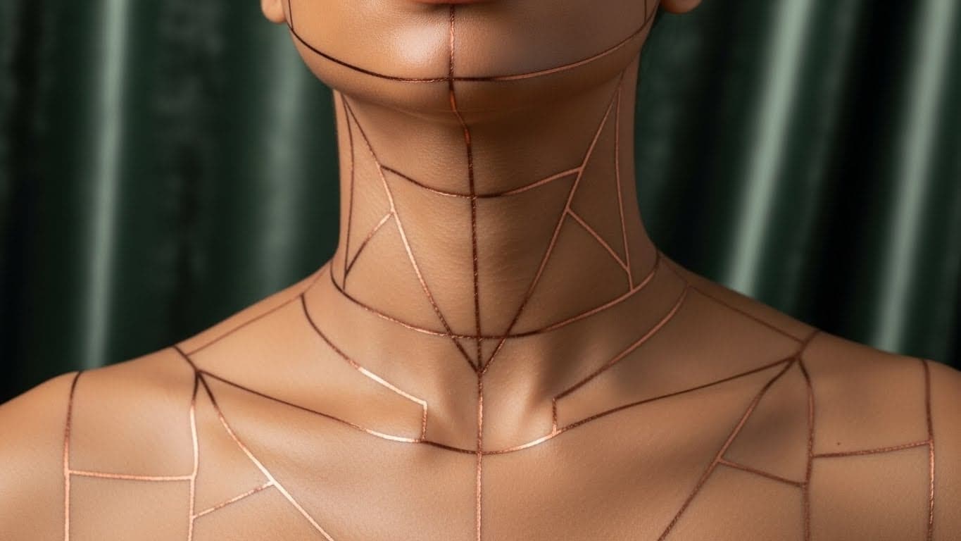 Linhas de anatomia facial e pescoço mostrando estrutura